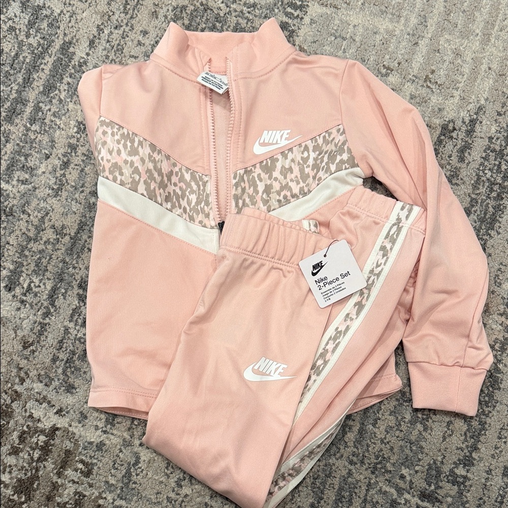 Brand New Nike Pink Kids' 2-Piece Track Set with Leopard Accent